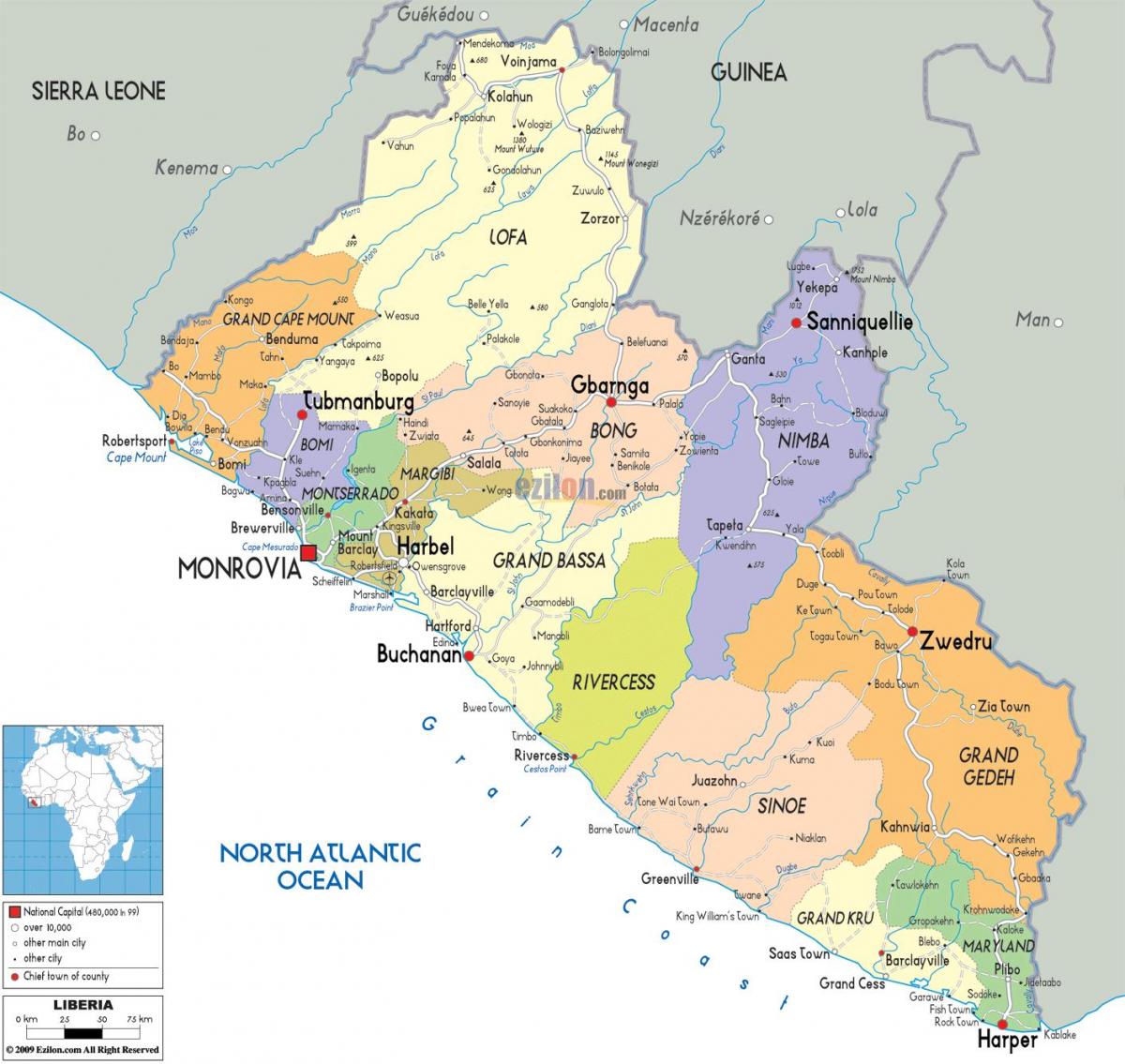 mapa kraju Liberia 