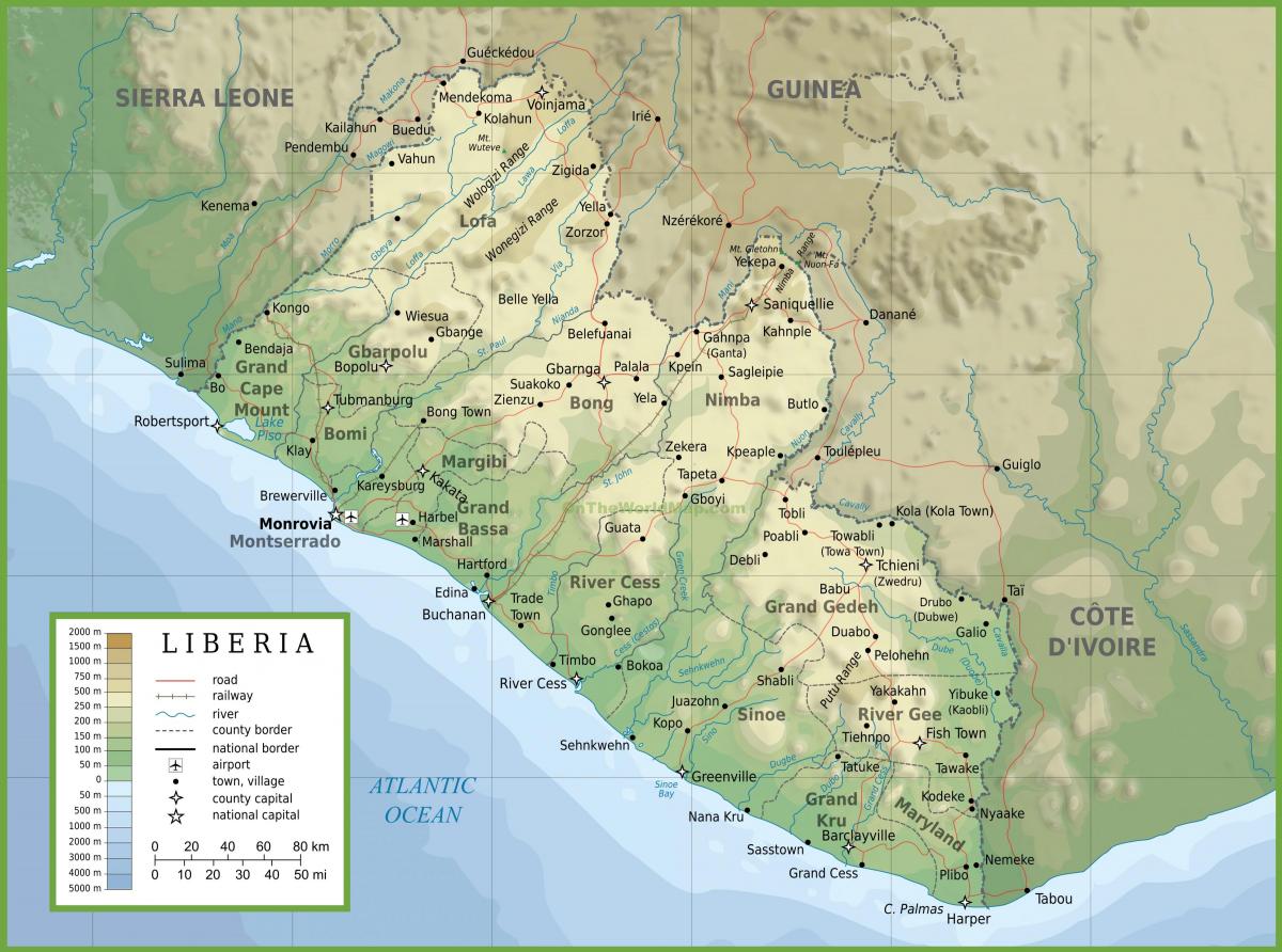 narysować fizycznej mapie Liberii